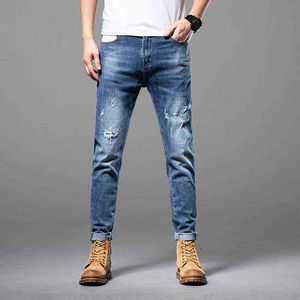Jeans Blue Men's Fashion Märke Summer Slim Fit Little Feet Youth Elastic Washed Casual Pants Zichao