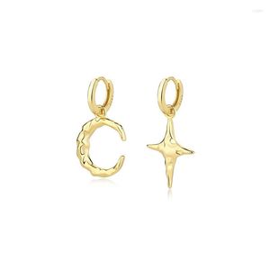 Orecchini a cerchio asimmetria reale. 925 Sterling Silver Texture irregolare Moon Star Piercing Huggie Earring Ear-Bone Jewelry C-E2322