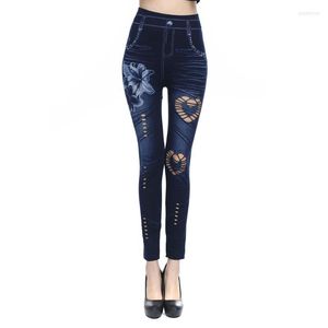 Damen-Leggings, Blumendruck, Damen, schlank, sexy, Loch, lässig, aushöhlen, nahtlos, Baumwolle, Denim-Jeans, Push-Up, dünne Bleistifthose