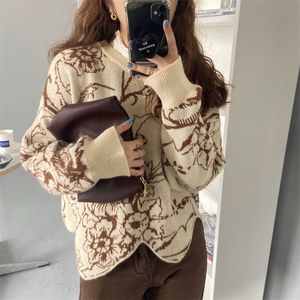 Womens Knits Tees Alien Kitty Chic Women Irregular Fashion Retro ONeck Knitwear Floral Printing Sweater Soft Korean Pullovers Top 220902