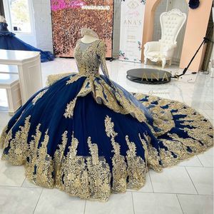 Royal Blue Long Sleeve Princess Quinceanera Dresses Lace Up Corset Gold Appliques Pearls Beading Prom Sweet Vestidos de Anos