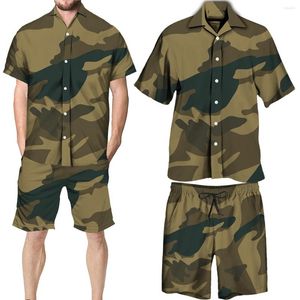 M￤ns avslappnade skjortor m￤n kamouflage shorts set utomhus vandring sport daglig milit￤r stil ungdom singel br￶st camisa shorts/skjorta/kostym