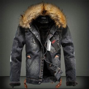 Mens Fur Collar Thick Denim Jacket Retro Ripped Warm Fleece Jeans Jacket Winter Casual Coat Parkas for Male YF S