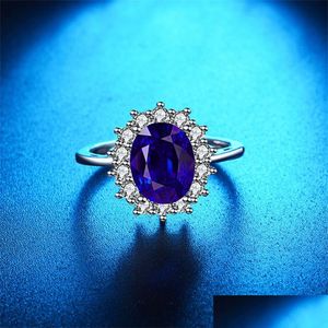 Anéis de banda Criada Anel Blue Sapphire Ring Princess Crown Halo noivado Anéis de casamento 925 Sterling Sier For Women 2021 1227 T2 Vipjewel DH7WB