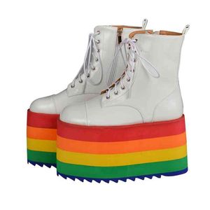 Buty Rainbow Platform dla kobiet koronkowe obcasy kostki białe skórzane skórzane środkowe kuit krótkie gęste buty Buty Nowe 220903