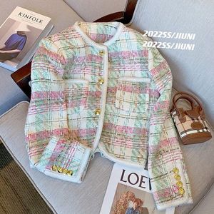 Bunte karierte Tweed-Jacke mit O-Ausschnitt für Damen, einreihiger Herbst-Kurzmantel aus Wolle, SMLXLXXL