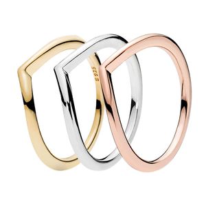 Autentisk Sterling Silver Polished Wishbone Rings Womens Wedding Designer Jewelry for Pandora Rose Gold Engagement Present Ring Set With Original Box