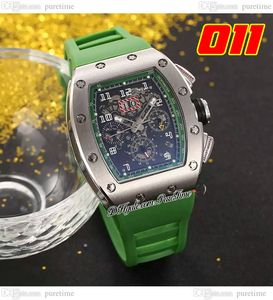 011 A21J Automatisk herrklocka stålfodral Skeleton Dial Big Date Green Rubber Strap 7 Styles Watches Puretime E5