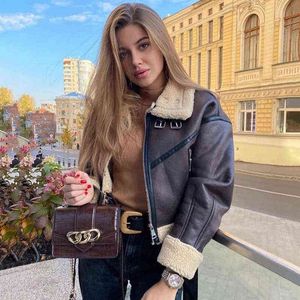 Women's Down Parkas Ardm 2021 Ny mode Suede Teddy Brown Woman Jacket Vintage Patchwork PU med dragkedja Winter Coat Women Women Outwear Tops T220902