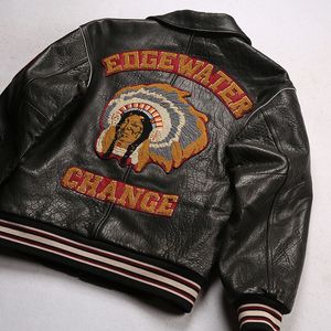 EOGE WATER Indian Chief Embroidery CHANGE Leather Jacket black Oversized Hip Hop Avirex flight suit