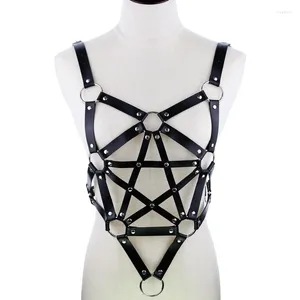 Belts Decopunk Goth Punk Black Leather Bra Harness Metal Chain Crop Tops Hollow Out Party Cosplay Halloween Adjust Straps Women