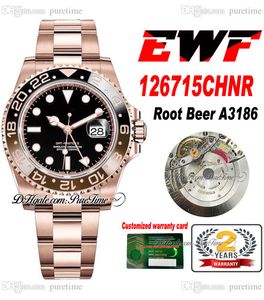 EWF GMT Root Beer A3186 Automatisk herrklocka 12671 Rose Gold Cola Black Brown Ceramics Bezel Black Dial 904l Steel Oystersteel Armband Super Edition Puretime E5