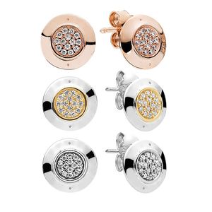 CZ diamond Pave Disc Stud Earring Real Silver Rose gold Women Mens Fashion Jewelry Set For pandora girlfriend gift Earrings with Original Box