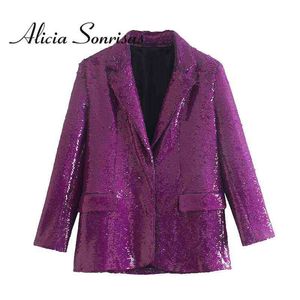 Piumino da donna Parka 2022 Primavera Donna Alla moda Retro Paillettes Allentato Viola Casual Blazer Street Hipster Manica lunga Tasca Colletto Giacca T220902