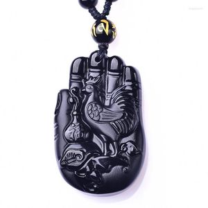 Anhänger Halsketten Großhandel Schwarz Natürlicher Obsidian Stein Anhänger Geschnitzte Buddha Hand Huhn Glück Amulett Halskette Für Frauen Männer Schmuck