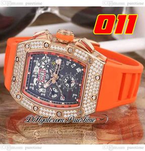 011 A21J Automatyczne męskie zegarek Rose Gold Diamonds Bezel Czarny szkielet pokrętło Big Data Orange Guma Pasek 5 Zegarki Puretime B2