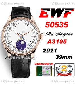 EWF Cellini Moonphase 50535 A3195 Otomatik Erkekler İzle 39mm Gül Altın Beyaz Dial Gerçek Meteorite Siyah Deri Süper Edition Aynı Seri Garanti Kartı Puretime A1