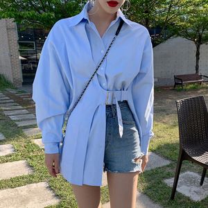 Blouses femininas Moda simples Manga longa para camisa feminino Tendência Trendência azul Tops de blusa irregulares PLUS SIZER