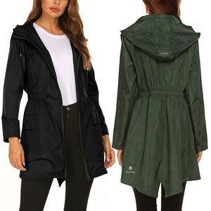 Damen Outdoor wasserdichte Outdoor-Jacke Kleidung Mode Windjacke Damen Herbst und Winter Taille schlanke mittellange Bergsteigen mit Kapuze