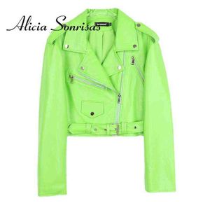 Piumino da donna Parka Nuovo 2022 Giacca in pelle PU verde fluorescente Cappotto corto da motociclista Nenon Giacca a maniche lunghe da motociclista verde lime Fashion T220902