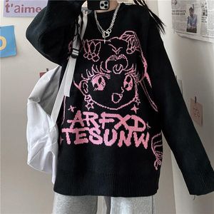 Kvinnors tröjor Kvinnor Deeptown Gothic Streetwear Anime Print stickad tröja Kvinnor Harajuku Punk Hip Hop O-hals Överdimensionerad långärmad