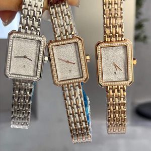 Classic Women Zircon Quartz Watch Full Diamond Boyfriend Watches Multi-function Geometric Rectangle Wristwatch Lady Stainless Steel Calendar Clock Glitter Dial