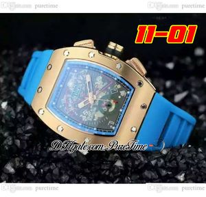 2022 11-01 A21J Automatisk herrklocka Rose Gold Black Skeleton Dial Big Date Blue Rubber Strap 6 Styles Watches Puretime C3