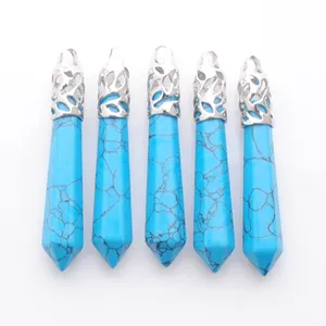 Natural Stone Blue Turquoises Hexagonal Reiki Chakra Pendulum Pendants for Jewelry Making Women Necklace Accessories N3004