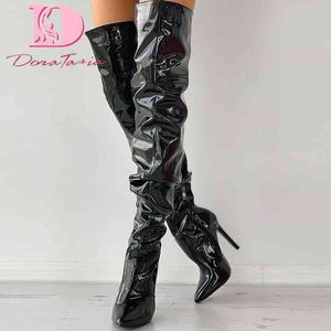 Boots DoraTasia 2022 New Shoes Mature Black Women Over The Knee Boots Pleated Pu Patent Leather Thin High Heels Female Thigh Boots 220903
