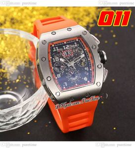 011 A21J Automatisk herrklocka stålfodral Skeleton Dial Big Date Orange Rubber Strap 7 Styles Watches Puretime D4