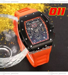 011 A21J Orologio da uomo automatico Cassa in acciaio PVD Quadrante interamente nero con scheletro Cinturino in caucciù arancione con data grande 8 Stili Orologi Puretime F6