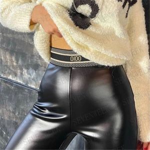 Wholesale PU Leather Leggings Tights Pants For Women Letter Ribbon Elastic Tight Ladies High Waist Slim Fit Thin Trousers Inside Plus Velvet Warm