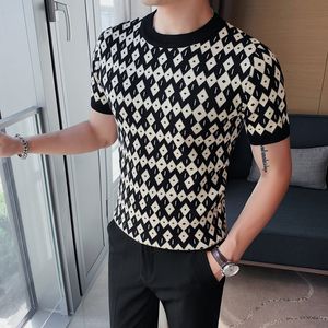 Okrągły dzianinowy sweter męski trend mody damskiej mody swobodny streetwear z krótkim rękawem pulover para druku bluzy 4xl