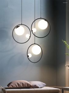 Lampade a sospensione Nordic Black Iron Ring Lights Camera da letto Modern Luxury Long Line Glass Bar Cucina Soggiorno Hanging Deco Lighting