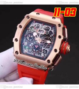 2022 11-03 A21J Automatisk herrklocka Rose Gold Black Skeleton Dial Big Date Red Rubber Strap 10 Styles Watches Puretime A1