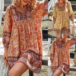 Skirts 2022 Floral Print Dress Women Long Sleeve Short Skirt Female Elegant Boho Style Party Vestidos Ladies Beach In Stock