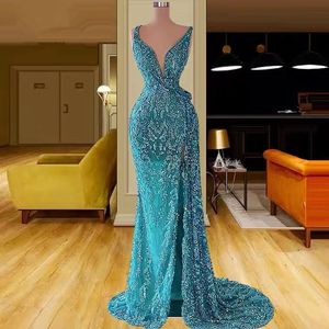 Vintage Lake Blue Prom -klänningar Illusion Lace Beading Party Dresses Ärmlös sida delad golvlängd Anpassad aftonklänning