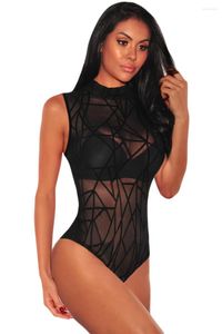 Tute da donna Pagliaccetti da donna Sexy Sheer Mesh Senza maniche Velluto geometrico Donna Tuta nera Party Club Tuta Corpo femminile