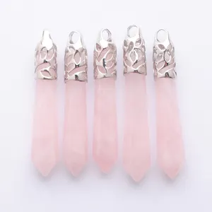 Natural Rose Quartzs Gem Stone Long Pendulum Charm Stones Pendants Silver Plated Fashion Jewel Fit Necklace N3002