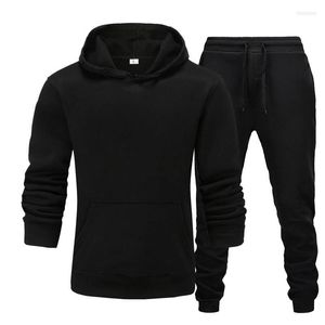 Erkeklerin Takipleri Yüksek Kaliteli Moda Basit Erkekler Sonbahar Kapşonlu Spor Giyim 2 Parça Set Yün Sweatshirt ve Sweatpants