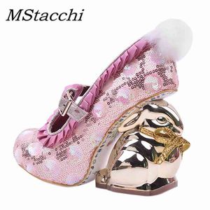 Boots Mstapchi Summer Women Rabbit Heel Shoes Pleated Buckle Animals Zodiac High Fashion Chrysant Party 2022 220903