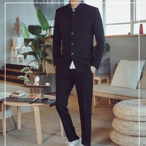 Ternos masculinos 2022 Túnica Men Stand Collar Slim Fit Fashion Streetwear Mens jaqueta e calça de calça de renda 4xl