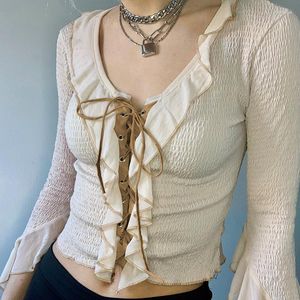 Kadın bluzları kadınlar düz renkli fırfırlar y2k bluz gömlekleri çapraz dantel yukarı v boyun üç çeyrek kol sonbahar üstleri vintage estetik tees