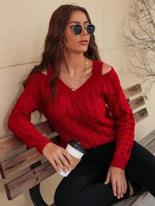 Kvinnors tröjor Kvinnor Kvinnor Winter Sweater Solid Cable Stick V-Neck Off-the-Shoulder Loose Sticked Top Long Sleeved