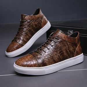 British Ankle Boots Men Shoes Classic Flat Heel Round Toe Lace Up Crocodile Pattern Pu Fashion Casual Street Daily AD139