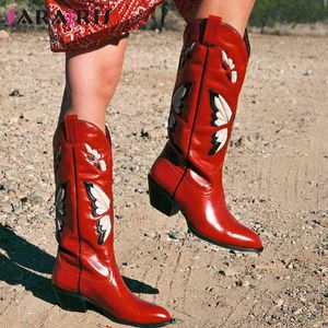 Boots helt nya 2022 Autumn Winter Women's Western Mid Calf Boots Chunky Heels Butterfly Cowgirl Cowboy Long Boots Shoes For Woman 220903