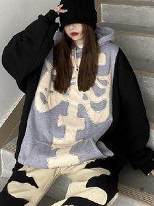 Damen Hoodies QNPQYX Gothicr Skeleton Hoodie Balck Oversize Pullover Cardigan Frauen Harajuku Hippie Blau Dicker Pullover Female Mall Goth Tops