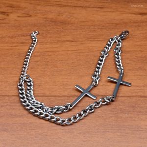 Urok Bracelets podwójna kubańska łańcuch z Bransoletą z Cross Charms dla mężczyzn homar ze stali nierdzewnej Zamknięcie pazur