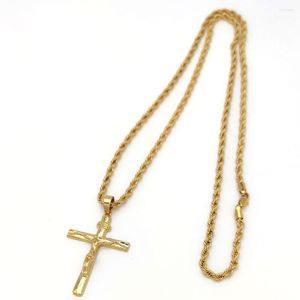 Colares pendentes Jesus crucifix cruzar amarelo amarelo 4 mm italiano Colar de corrente de quadril italiano 31 polegadas 22k ouro sólido 18ct tailandês baht g/f