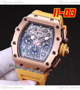 2022 11-03 A21J Automatisk herrklocka Rose Gold Black Skeleton Dial Big Date Yellow Rubber Strap 10 Styles Watches Puretime B2